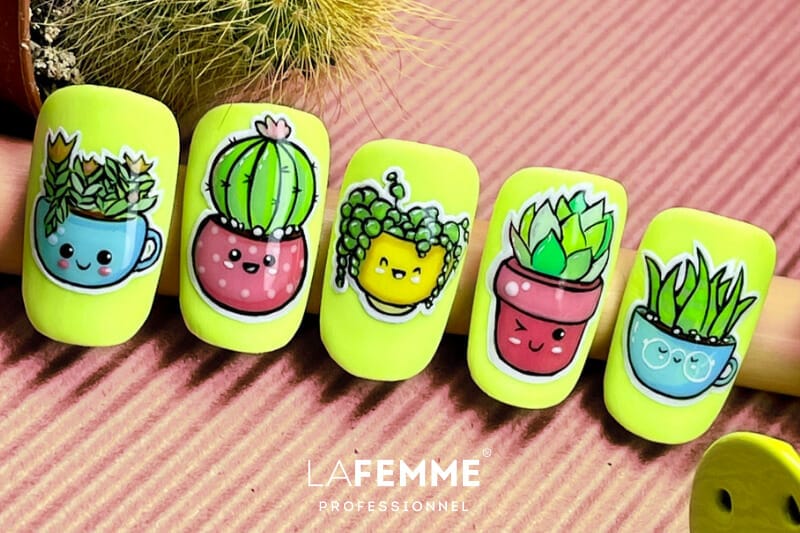 Idee Nail Art Simpatiche Kawaii Ispirazioni Unghie Ricostruzione Cactus Piante Fiori Verde Chiaro La Femme